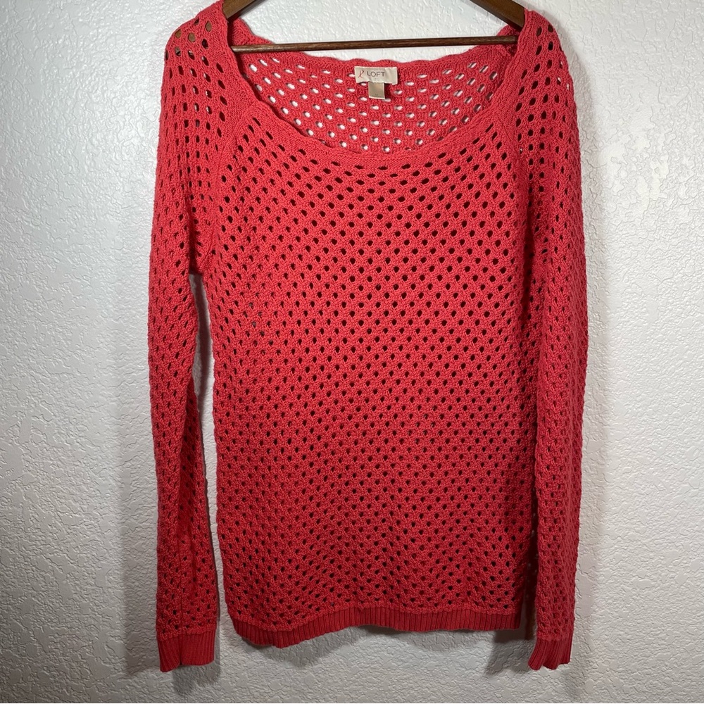 Ann Taylor LOFT Crochet Knit Coral/Orange Sweater long sleeve knit fabric- M